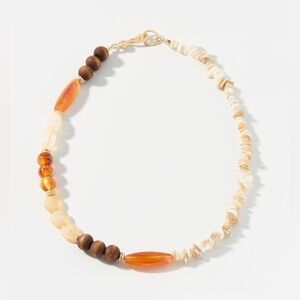 Boho Shell & Wood Beaded Necklace with Amber Tone Beads Gold Hook Clasp